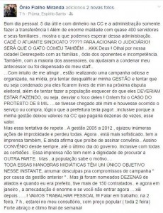 Postagem do ex-prefeito, Ônio.